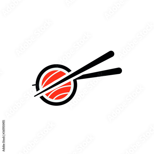 chopsticks holding sushi roll. concept of snack, susi, exotic nutrition, sushi restaurant, sea food. isolated on white background. flat style trend modern logotype design vector illustration