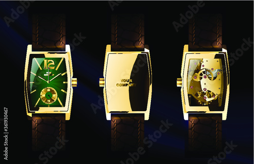 Gold wrist watch, realistic 3d vector illustration.