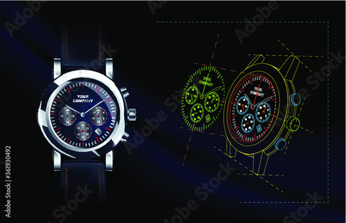 Wrist Watch, drawing, realistic, 3d vector illustration.
