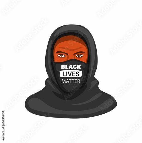 man wear hoodie with typography black lives matter symbol in face mask. cartoon illustration vector on white background