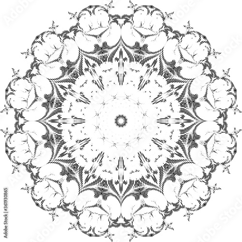 Halftone ornament, monochrome pattern. Drawing vintage style. Grunge texture. Festive vintage drawing. Abstract art background. Modern symmetric pattern. Festive art backdrop. Creative vector element