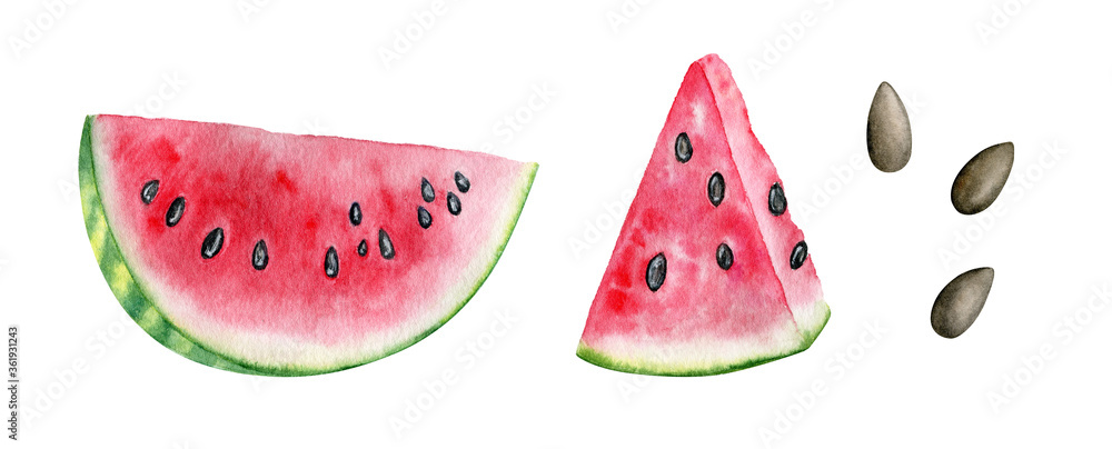 Watercolor fresh watermelon slices and seeds isolated on white background. Hand drawn food illustration, fruits set summer clipart. Watercolor fresh watermelon slices and seeds isolated on white background. Hand drawn food illustration, fruits set summer clipart.
