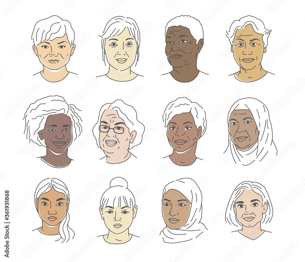 A collection of portraits of people of different nationalities and ages. Women of all races. Icons for user research experience, customer profile. Vector illustration in a flat style, hand drawing. A collection of portraits of people of different nationalities and ages. Women of all races. Icons for user research experience, customer profile. Vector illustration in a flat style, hand drawing.