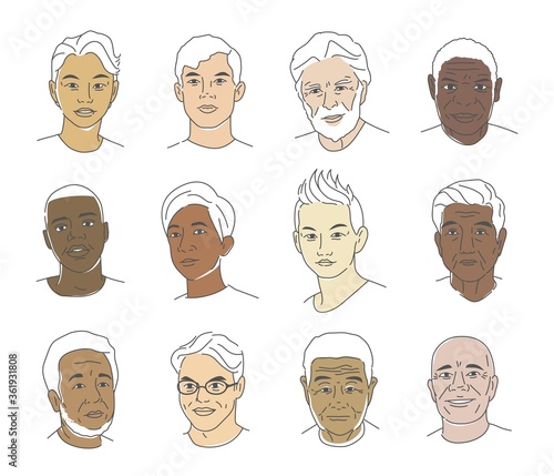 A collection of portraits of people of different nationalities and ages. Men of all races. Icons for user research experience, customer profile. Vector illustration in a flat style, hand drawing.