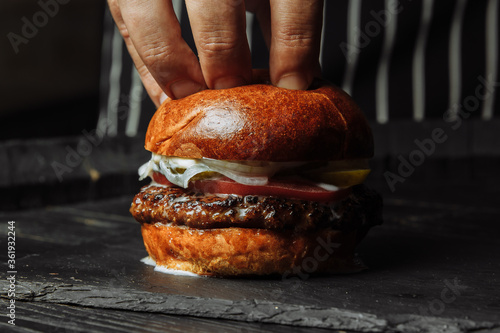 delicious burger just cooked by the chef