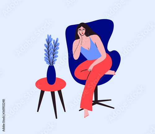 Vector illustration girl sitting and resting on the armchair 