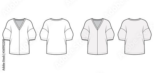 Blouse technical fashion illustration set with deep V neck  dropped shoulders and side slits elbow sleeves  loose silhouette. Flat apparel template front back grey white color. Women men unisex mockup