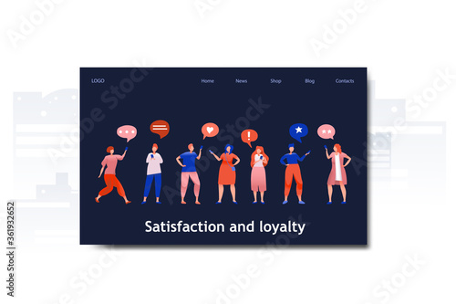 Flat cartoon icon with satisfaction and loyalty business landing page template for concept design with characters. Blue orange style with city infographic metaphor illustration with phones, likes