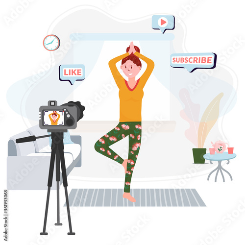 Video Blogger practice yoga. Streaming home workout. Vlogger have live sport activity in room. Woman records physical exercises indoor. Vector concept of Healthy lifestyle