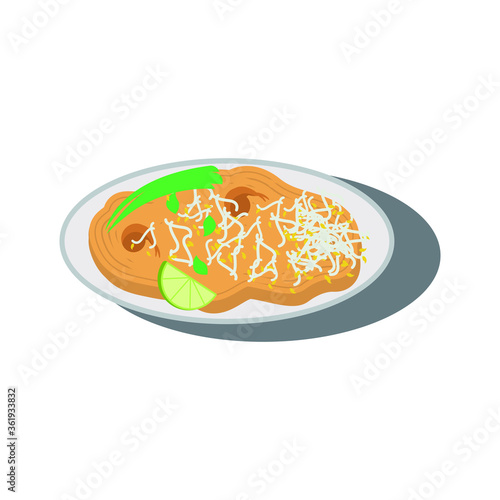 Delicious Thai food noodle (Pad Thai) on white background.Hand draw sketch vector.