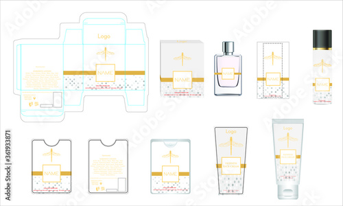 Packaging design, luxury perfume box, pocket perfume, deo design and face cream template and mock up box. Illustration vector.