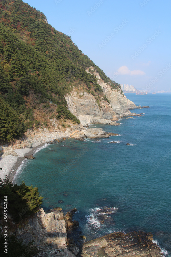 Rocky coastline and magnificent cliffs at Taejongdae recreational park, Busan, South Korea