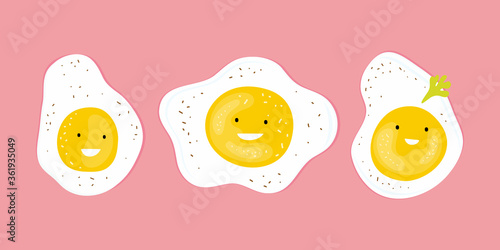 Happy scrambled eggs. Funny cartoon characters fried eggs. Hand drawn traditional healthy Breakfast for children. Vector flat illustration. Baby design for posters, stickers, prints, t-shirts