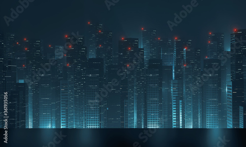 3D Rendering of modern skyscraper buildings in large city at night with reflection on metallic balcony floor. Concept for night life  business vision  technology product 