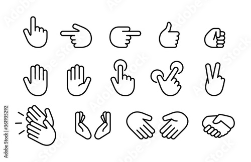 Hands icons set vector illustration, symbol, clip art, cartoon in outline, lines, black and white.