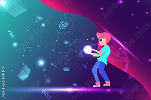 A boy with galaxy space digital technology with VR headset, virtual reality concept vector illustration