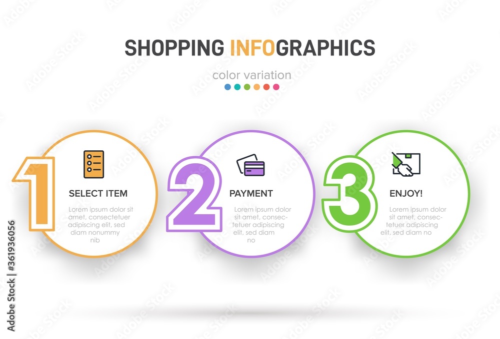 Fototapeta premium Concept of shopping process with 3 successive steps. Three colorful graphic elements. Timeline design for brochure, presentation, web site. Infographic design layout.