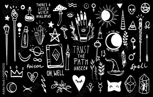 Magic doodle sketch. Witchcraft icons. Hand drawn line vector illustration. White chalk outline on black background. Cute fantasy wizard poison, book, mystic things. Mushroom, witch hat, magic wand.