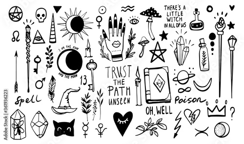 Magic doodle sketch. Witchcraft icons. Line vector illustration. Black outline on white background. Cute fantasy wizard poison, book, mystic things. Mushroom, witch hat, magic stick, magic wand.