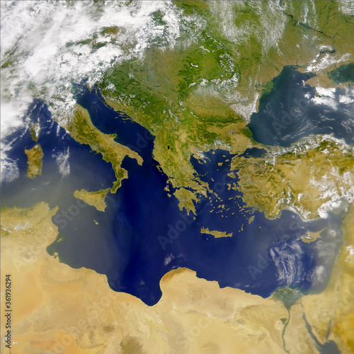 Satellite view of the Mediterranean sea and south of Europe. Egypt,Italy,Israel, Greece, Turkey, Tunicia, Algeria,Serbia, Rumanía and Balkans .Elements of this image furnished by NASA.