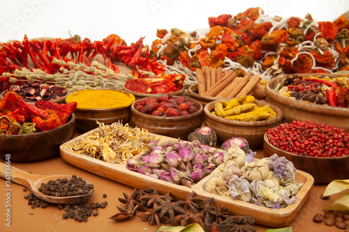 Various dried medicinal herbs. Natural Herbal Medicine Selection.