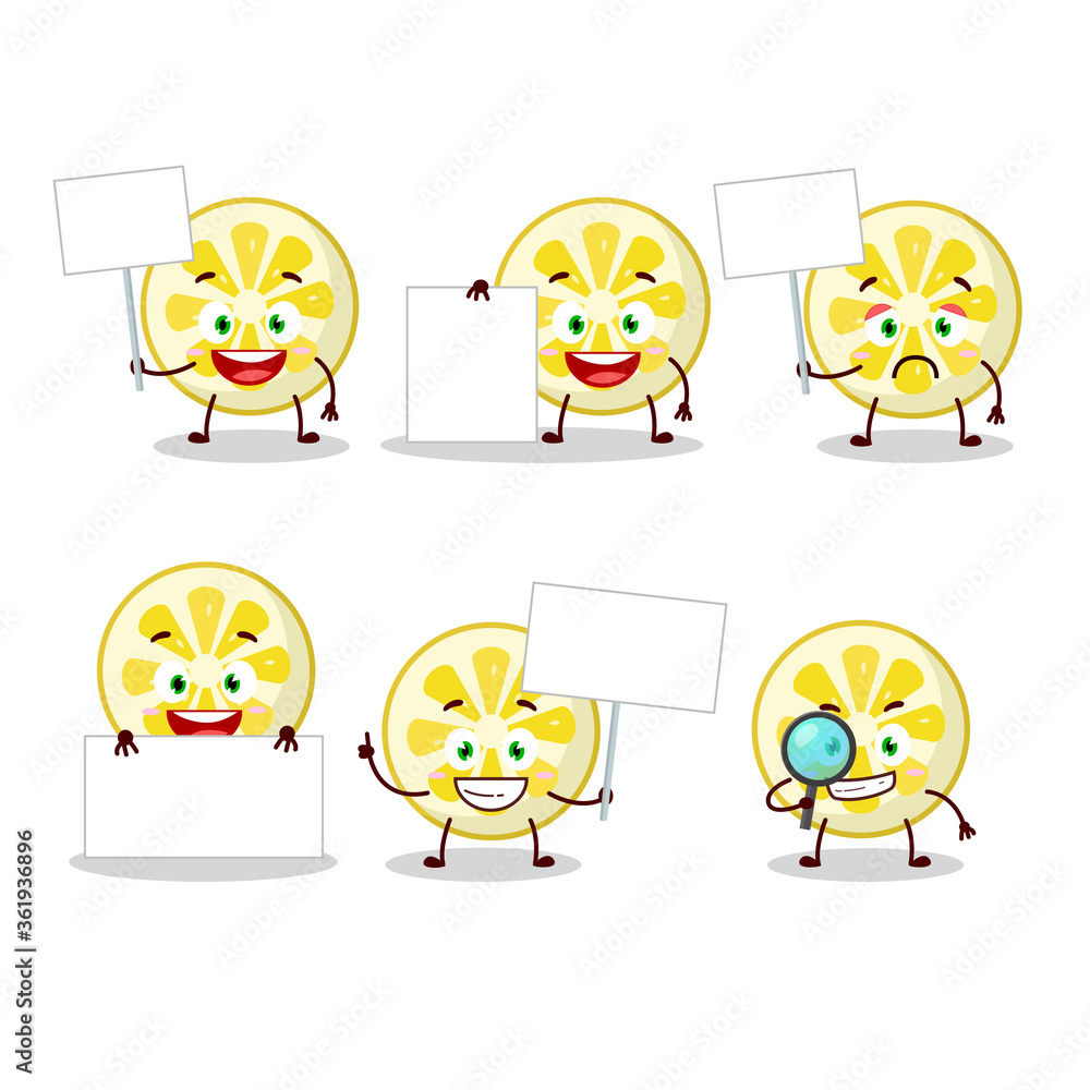 Lemon slice cartoon character bring information board Lemon slice cartoon character bring information board
