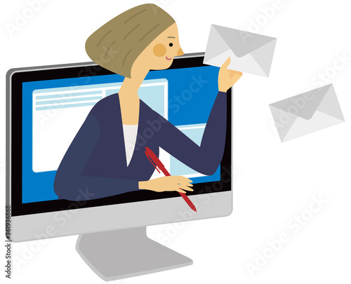 パソコンから飛び出す女性のビジネスメールのイラスト
