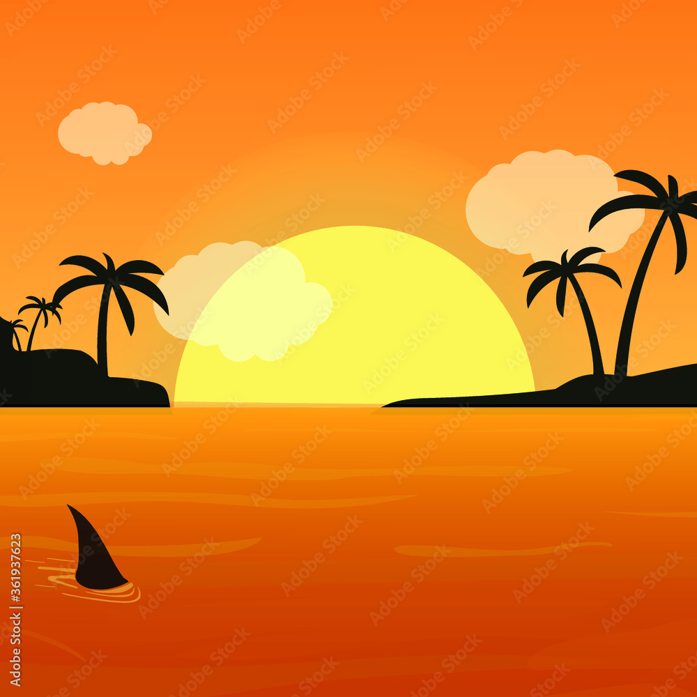 sunset in the sea. shark, palm trees, vector.