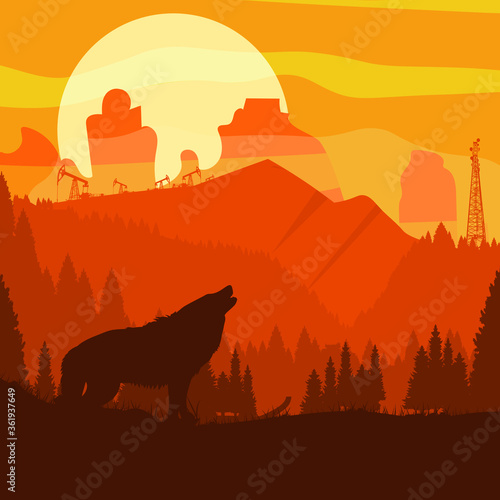 The call of the wolf. highlands, canyons, bumpy forests. vector