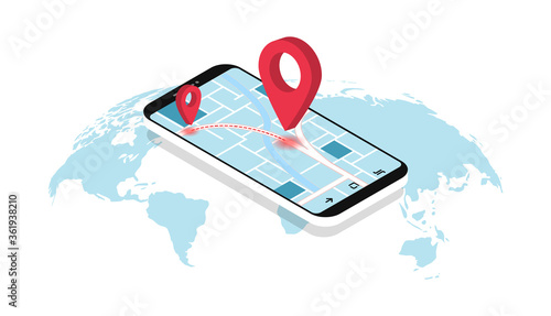 GPS navigation. Smartphone with map, route and pointers. Geolocation. Map world.