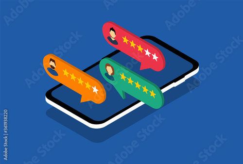 Smartphone with customer review. Feedback. Social media. Vector isometric style.