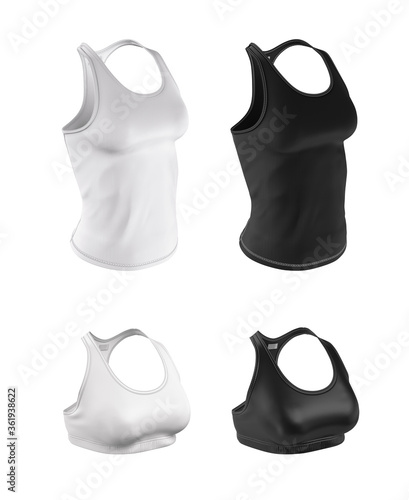 Top and shirt for women. White and black mocap for print. Template for presentation image. 3d realistic illustration of women's sportswear.