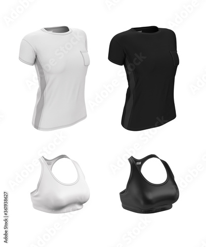 Top and T-shirt in black and white. Clothing for sports. 3D realistic template, mock up for print, design, logo, image. 3d realistic illustration.