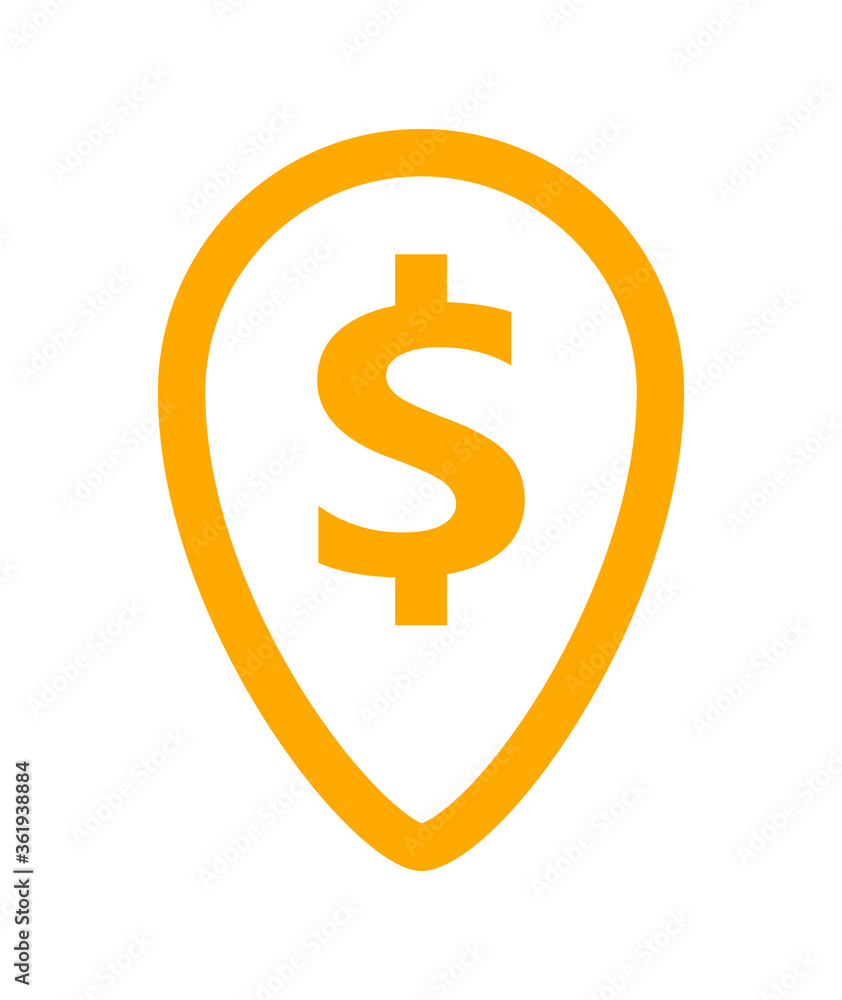 dollar currency symbol in pin point for icon, coin dollar money yellow orange, dollar money symbol in pointer pin shape, dollar currency coin for button info graphics flat simple, isolated on white