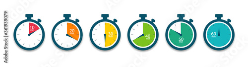 Set of timer. Stopwatch icons. Countdown 10.20,30,40,50,60 minutes. Vector photo