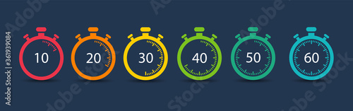 Timer. Stopwatch. Countdown 10.20,30,40,50,60 minutes. Vector icons photo