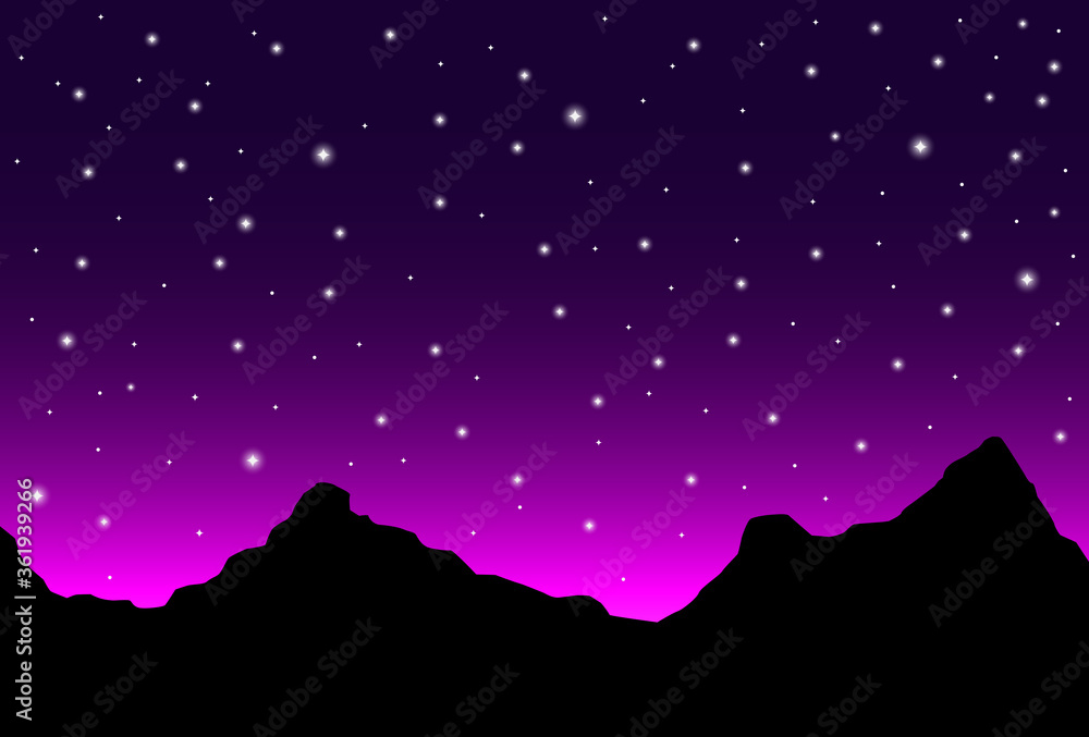 Night skyline landscape with mountains silhouette and stars