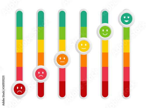 Satisfaction rating. Switch toggle. Feedback. Customer reviews. Set of emoticons. Bad and good mood.