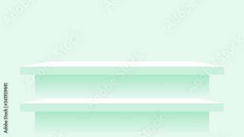 wood plank shelf on wall green pastel soft color, modern shelf for display show on space wall room, cute and chic counter desk panel for decoration, empty table top panel green, background copy space