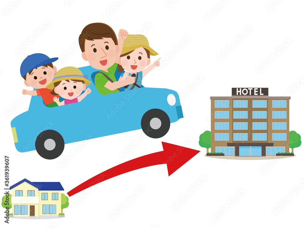 夏休みに小旅行でドライブ　近場のホテルに宿泊する家族　イラスト