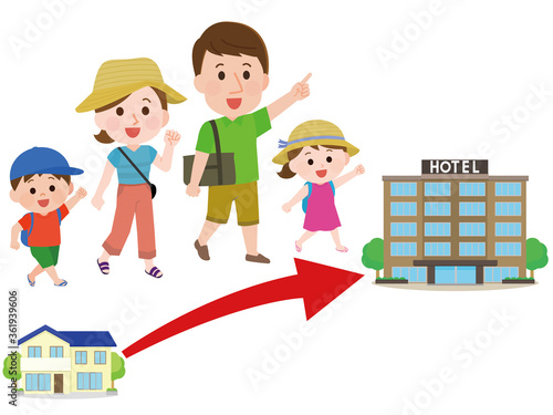 夏休みに小旅行で近場のホテルに宿泊する家族　イラスト