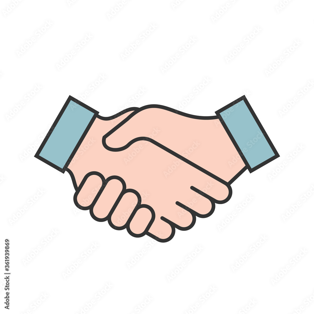 Handshake color icon. Cooperation, friendship, contract, partnership, agreement concept. Greeting gesture. Make a good business deal. Alliance and colaboration. Vector illustration, flat, clip art.