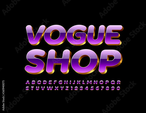 Vector glamour emblem Vogue Shop with Shiny chic Font. 3D Violet and Gold Alphabet Letters and Numbers