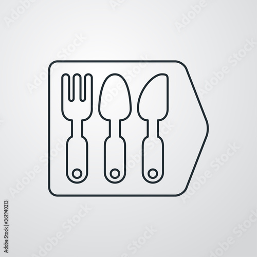 Concepto restaurante. Icono plano lineal cubiertos con mango en flecha cuadrada en fondo gris