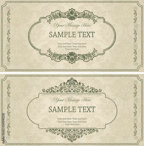 set of antique greeting cards, invitation with victorian ornaments and vintage frame, beautiful, luxury postcards