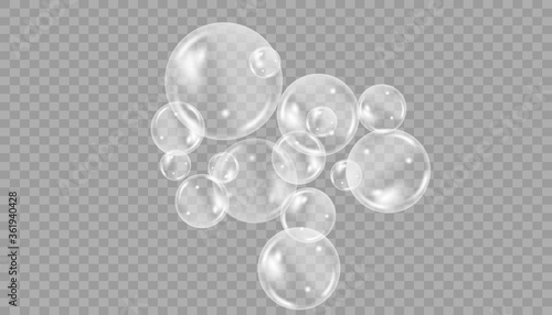 Realistic white water bubbles with reflection on transparent background. Vector illustration