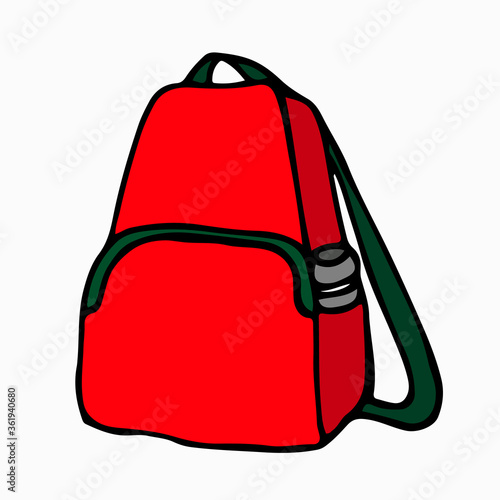 Red backpack of the traveler. Attribute for camping and camping