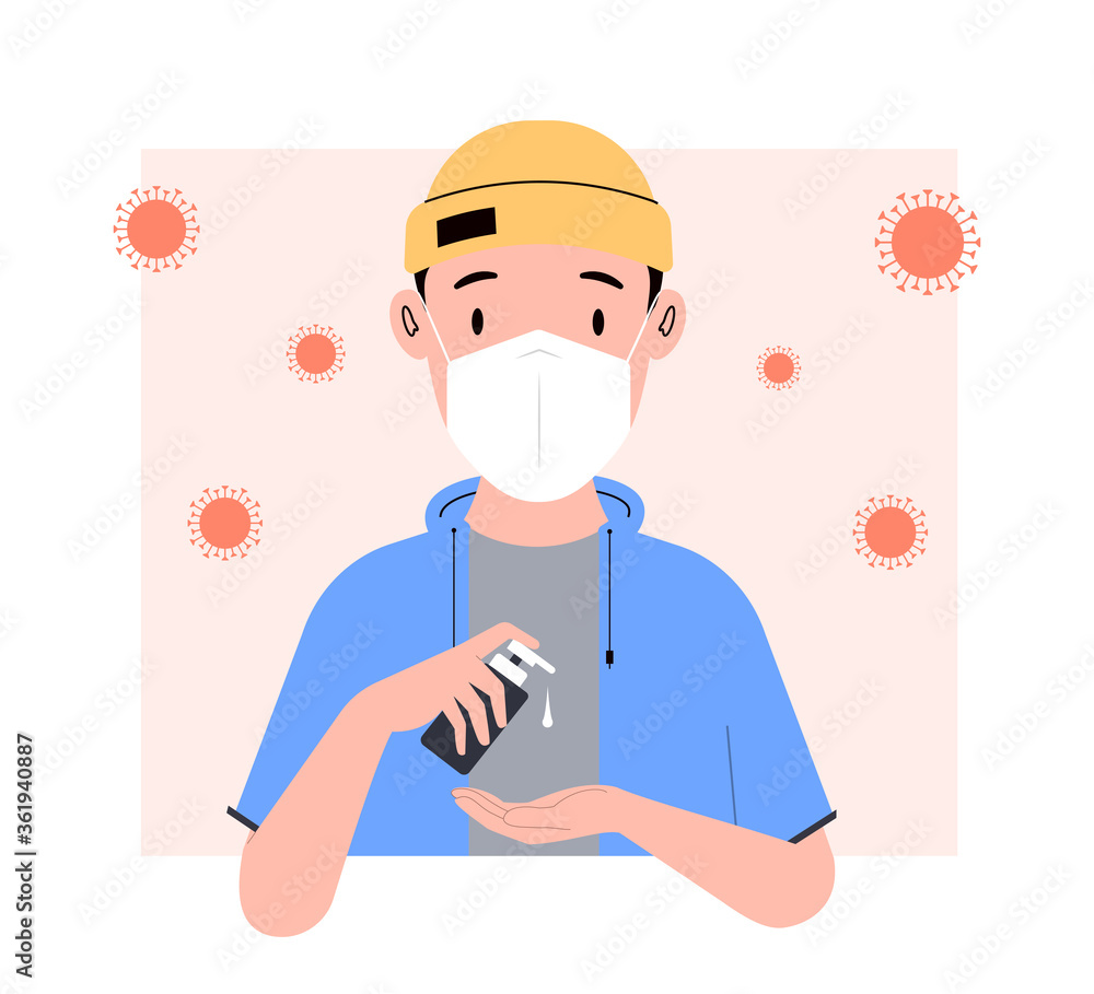 Man washes his hands. Young man in a medical mask uses an antiseptic. Vector illustration