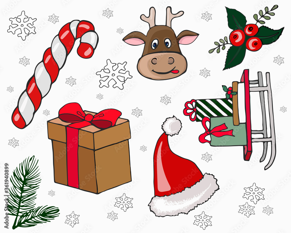 Set of Christmas illustrations. Fir tree light, gifts, snowflakes, Santa hat, deer, sweets, sleigh, mistletoe Set of Christmas illustrations. Fir tree light, gifts, snowflakes, Santa hat, deer, sweets, sleigh, mistletoe
