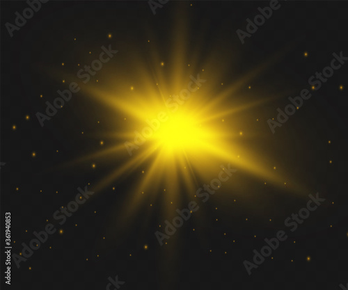 Glow isolated white transparent light effect set, lens flare, explosion, glitter, line, sun flash, spark and stars.